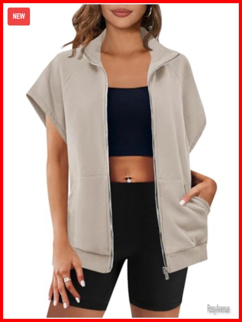 Fisoew Women's Sleeveless Zip Up Oversized Casual Sweatshirt Vest with Pockets